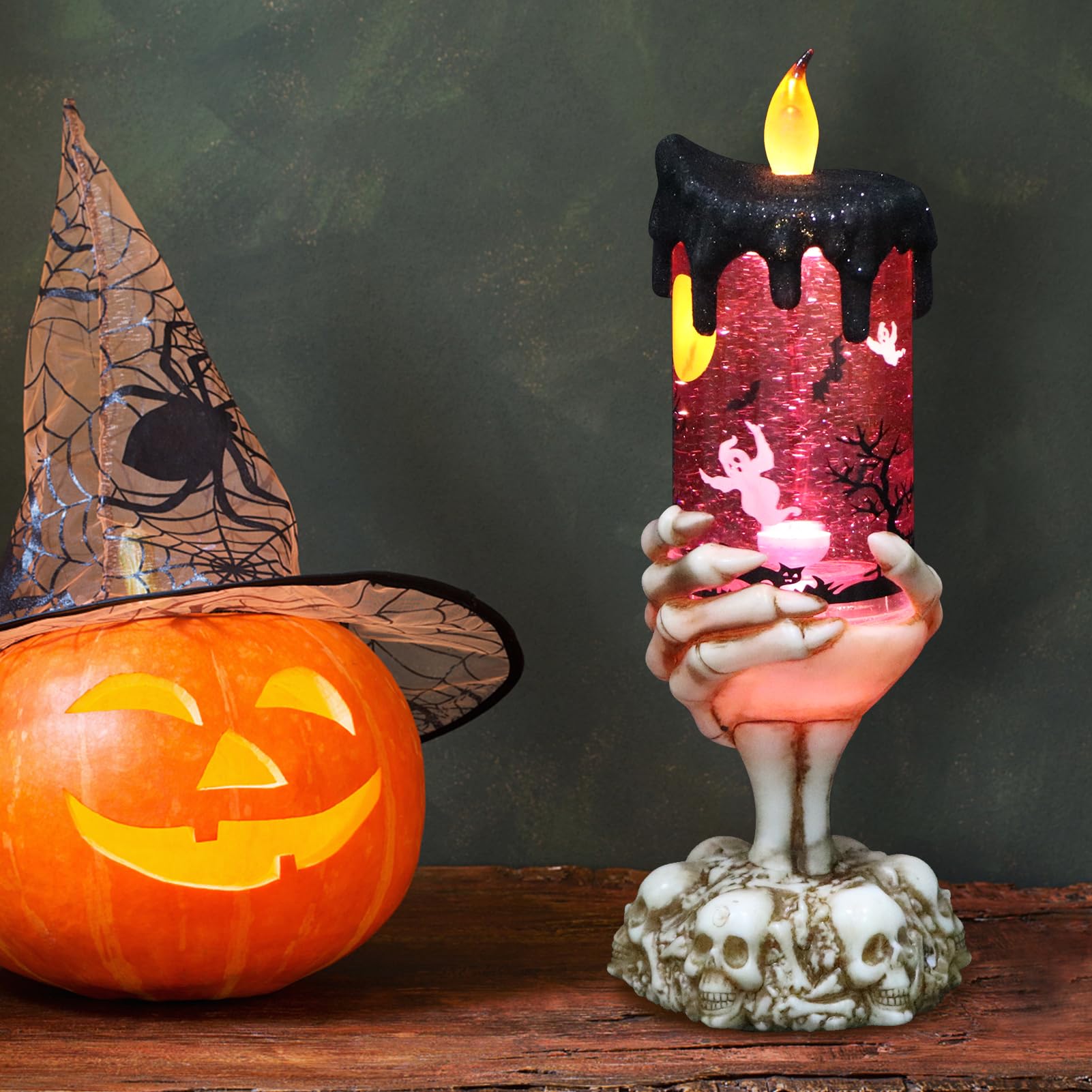 Halloween Spider Snow Globe Candle Lamp &ndash; Spooky LED Tornado Glitter Light with Timer, Battery Operated Halloween Decoration