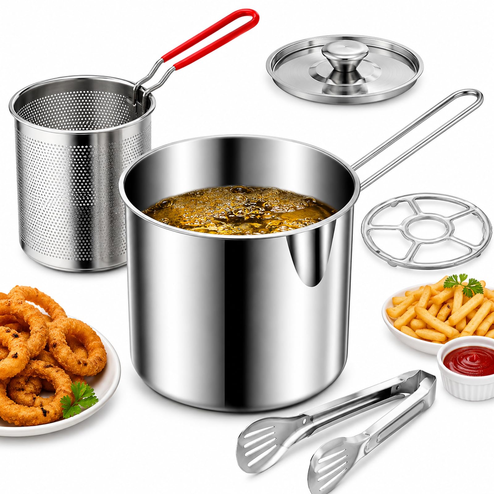 Stainless Steel Mini Deep Fryer Set – Pot, Strainer Basket & Oil Container
