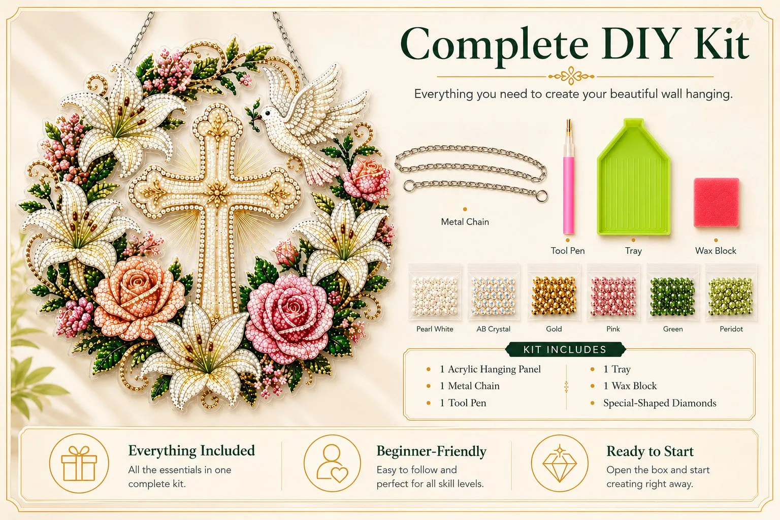 Cross & Dove Diamond Art Hanging Ornament Kit &ndash; 3D Sparkling DIY Craft with Flowers for Faith-Inspired Home