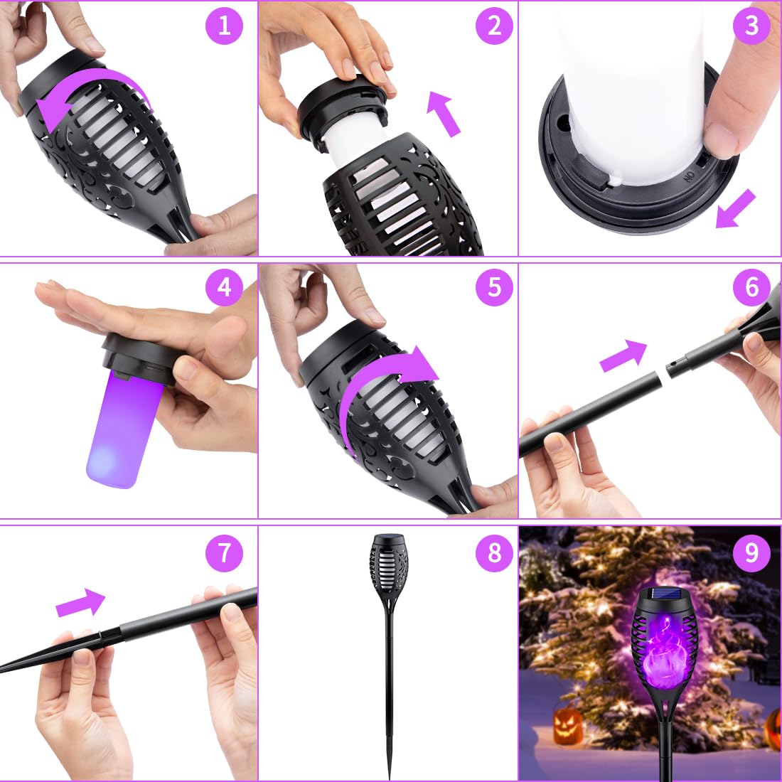 8Pcs Purple Flickering Flame Halloween Solar Lights for Halloween Decorations