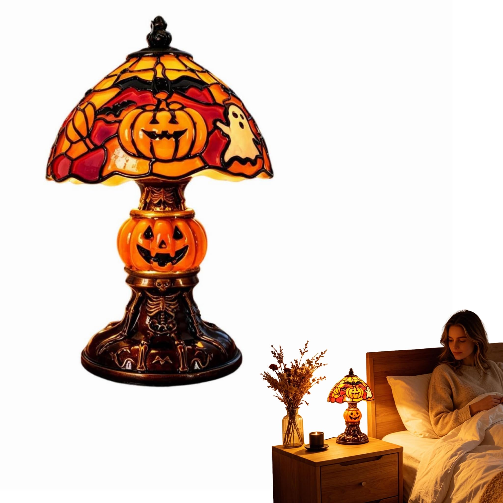 Halloween Stained Glass Night Light &ndash; Gothic Bat & Pumpkin Resin Table Lamp for Spooky Home Decor