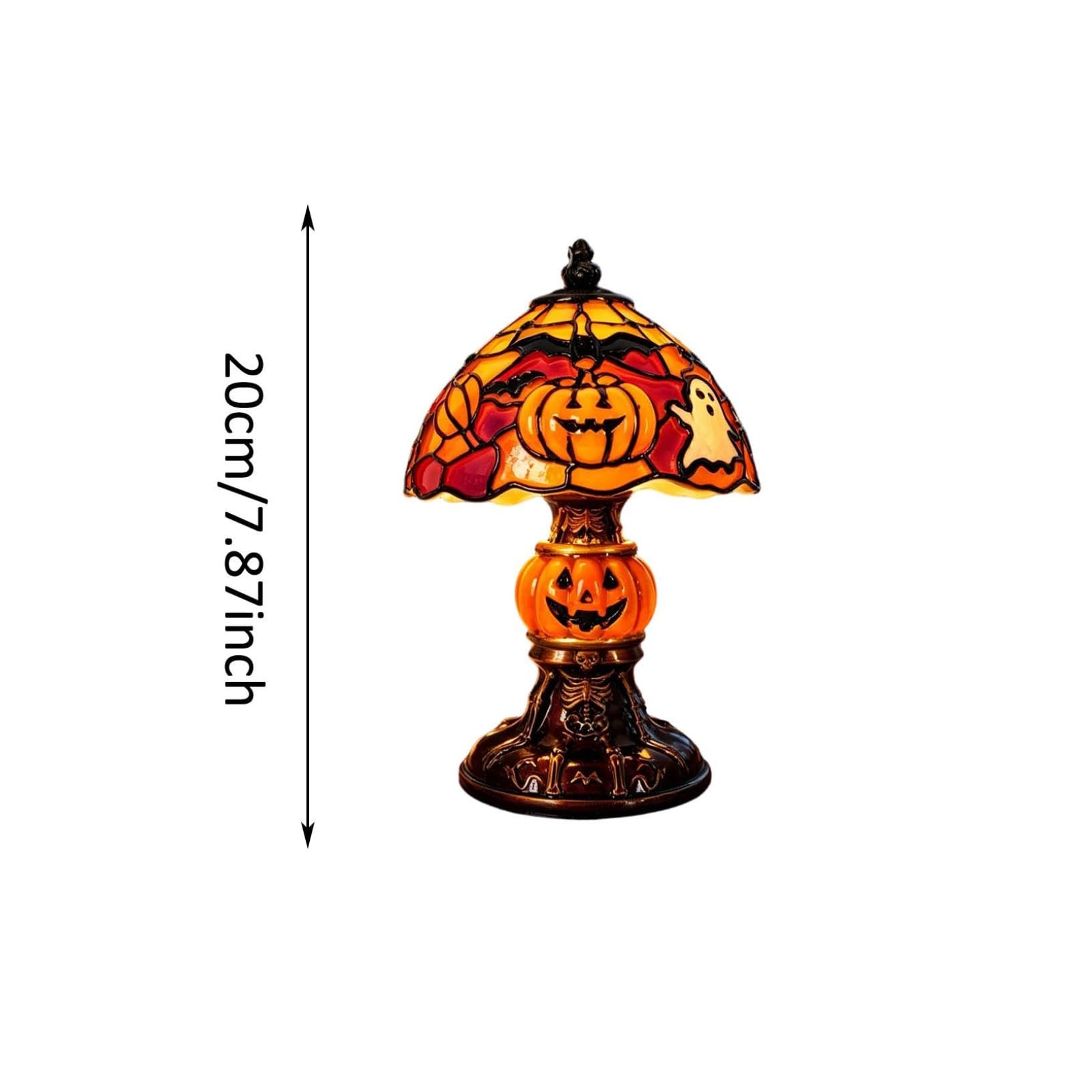 Halloween Stained Glass Night Light &ndash; Gothic Bat & Pumpkin Resin Table Lamp for Spooky Home Decor