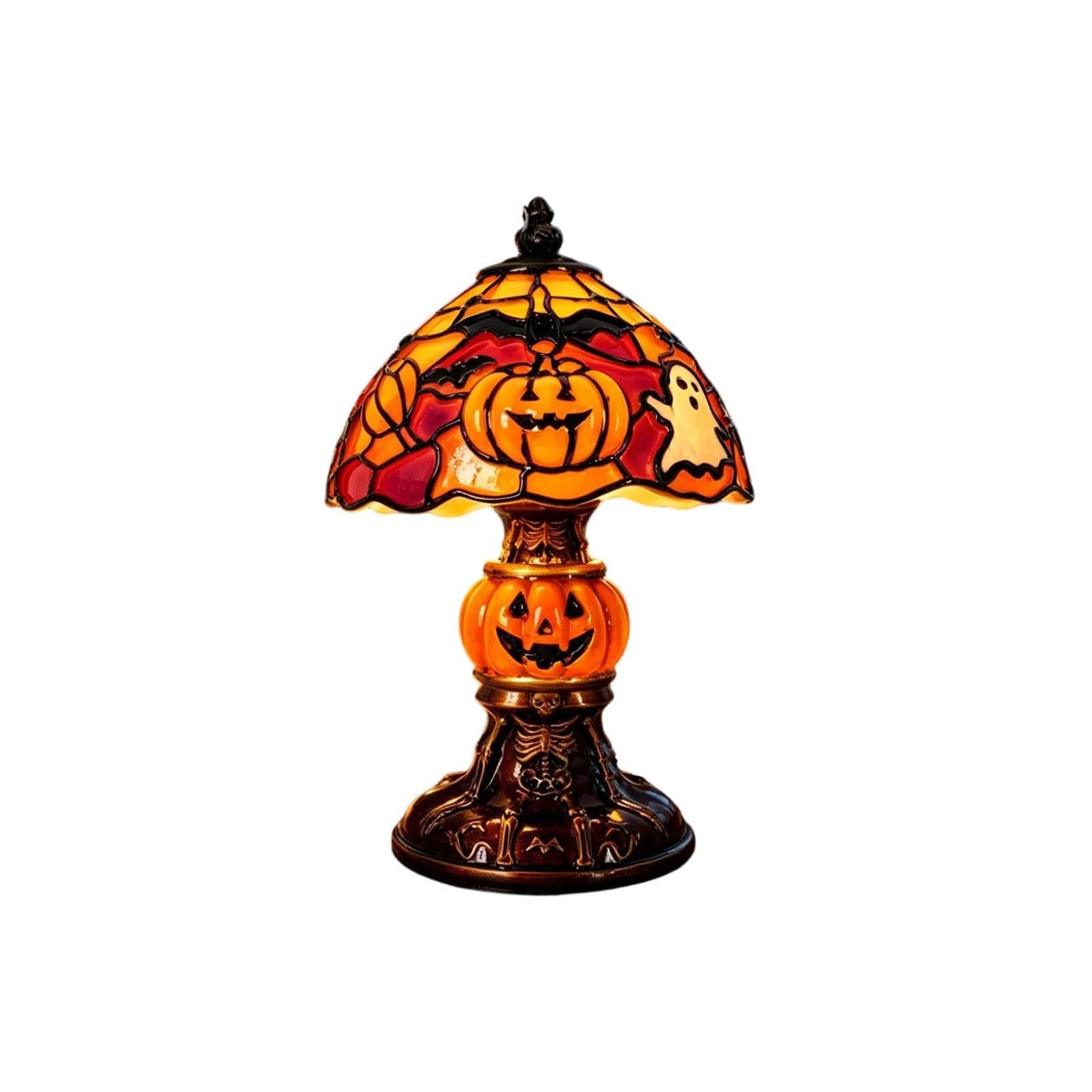Halloween Stained Glass Night Light &ndash; Gothic Bat & Pumpkin Resin Table Lamp for Spooky Home Decor