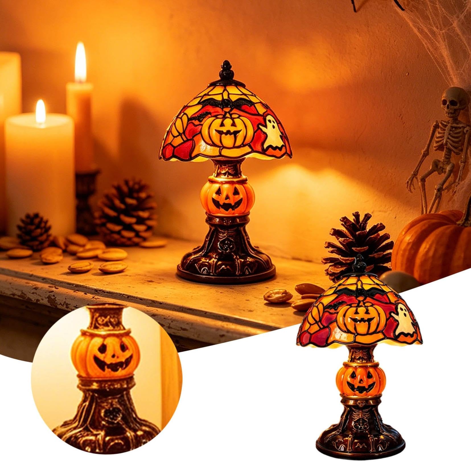 Halloween Stained Glass Night Light &ndash; Gothic Bat & Pumpkin Resin Table Lamp for Spooky Home Decor