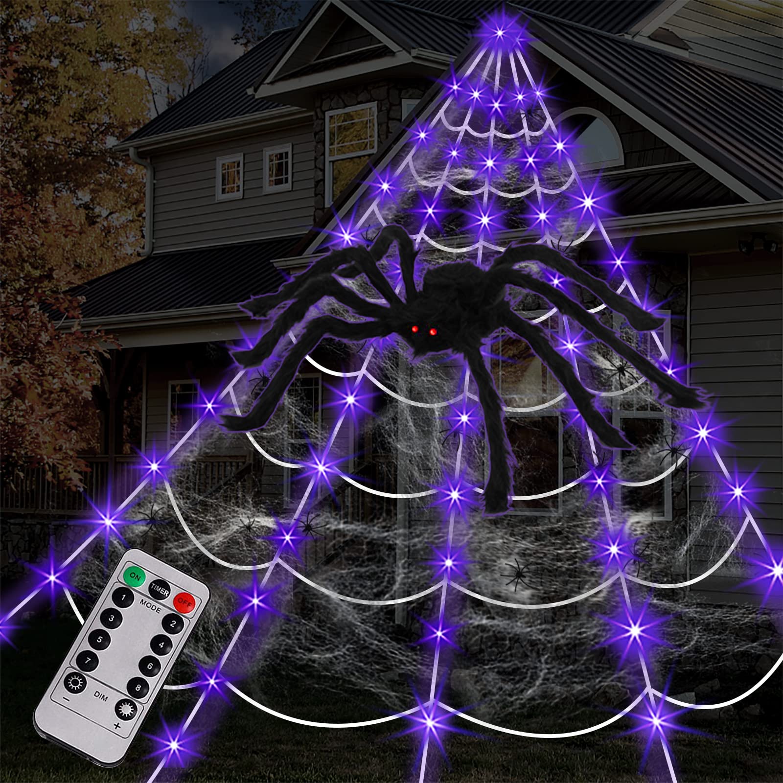 Giant Light-Up Spider Web Halloween Decoration – 135 Purple LED Lights with Large Spider & Cobweb Set