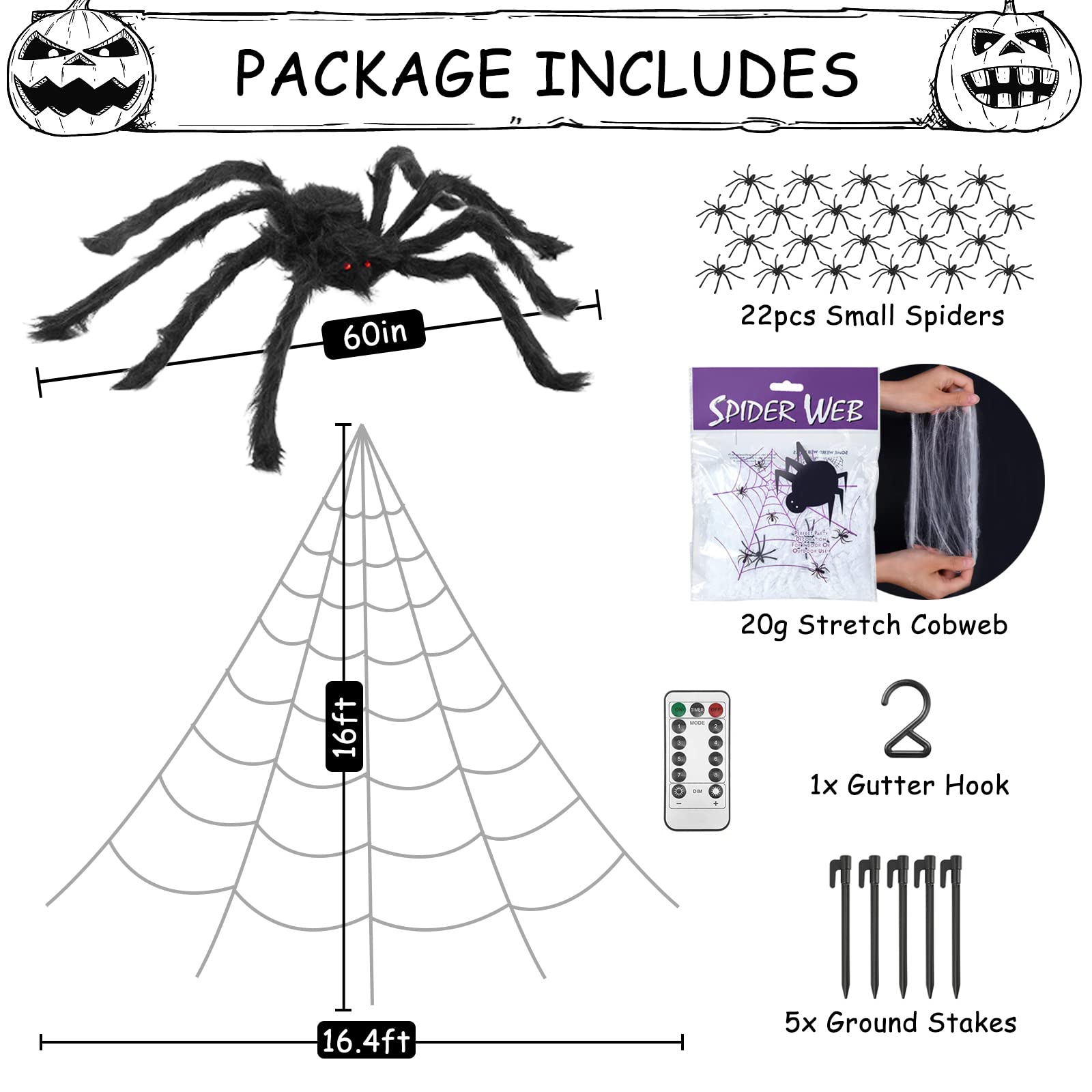 Giant Light-Up Spider Web Halloween Decoration – 135 Purple LED Lights with Large Spider & Cobweb Set