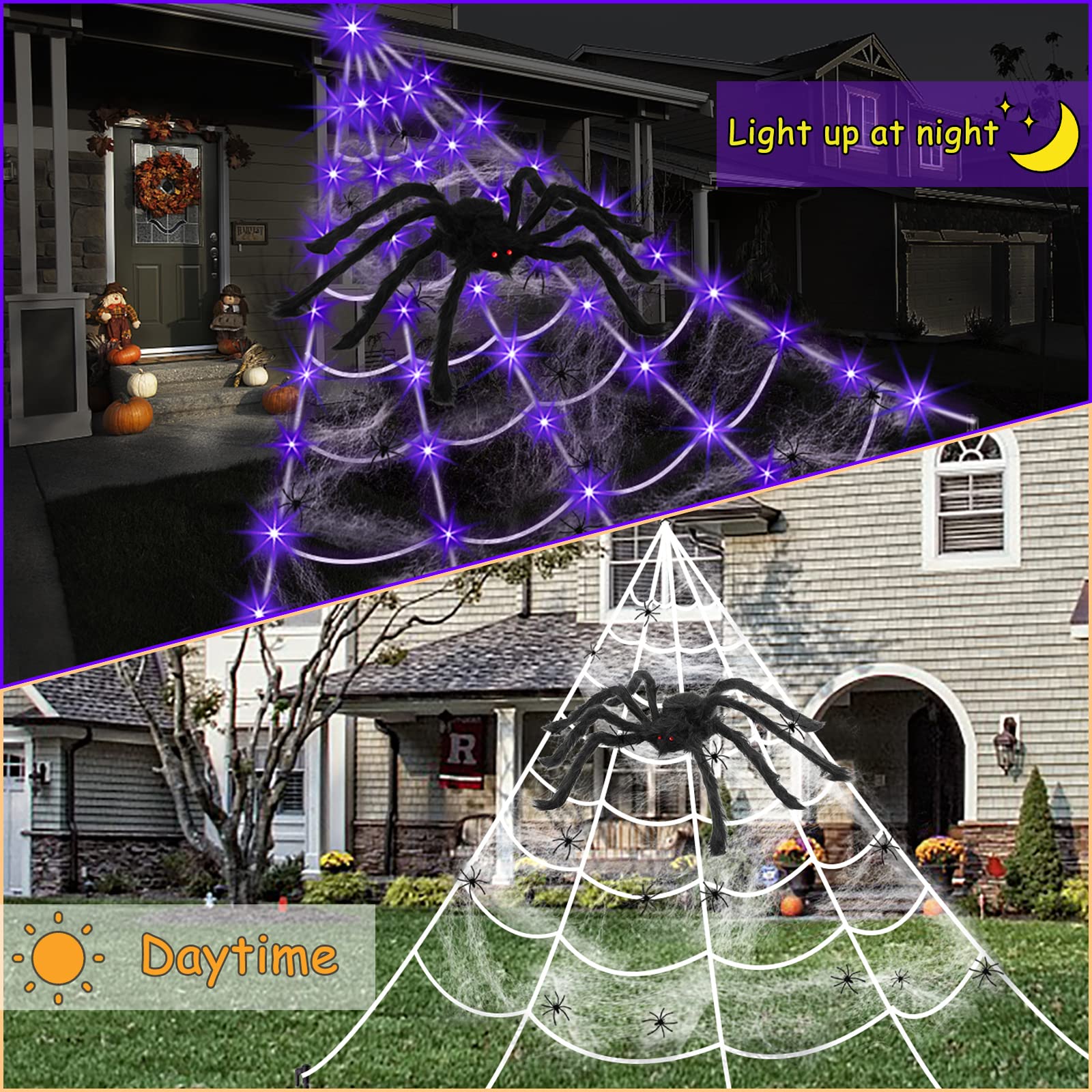 Giant Light-Up Spider Web Halloween Decoration – 135 Purple LED Lights with Large Spider & Cobweb Set