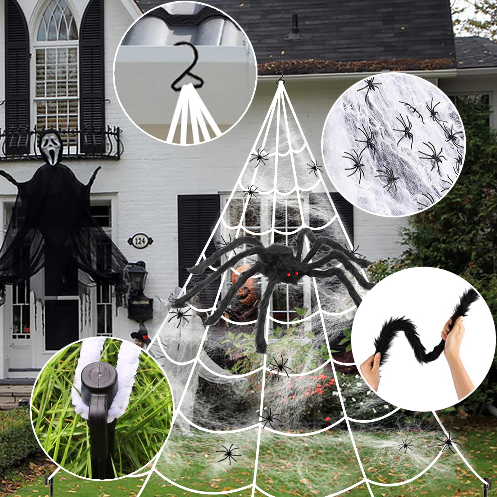 Giant Light-Up Spider Web Halloween Decoration – 135 Purple LED Lights with Large Spider & Cobweb Set