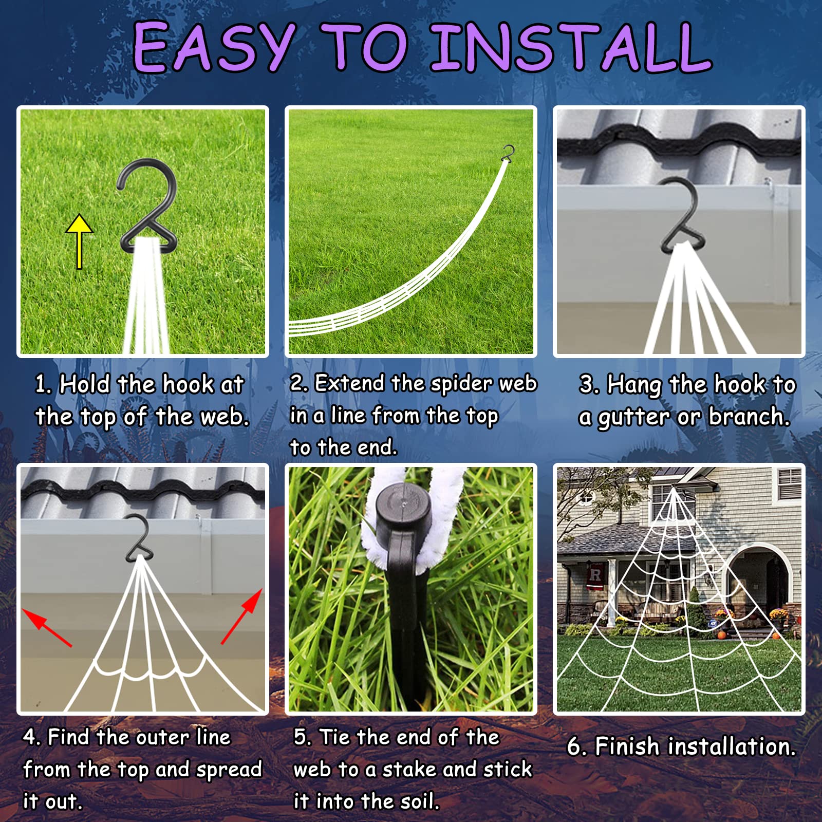 Giant Light-Up Spider Web Halloween Decoration – 135 Purple LED Lights with Large Spider & Cobweb Set