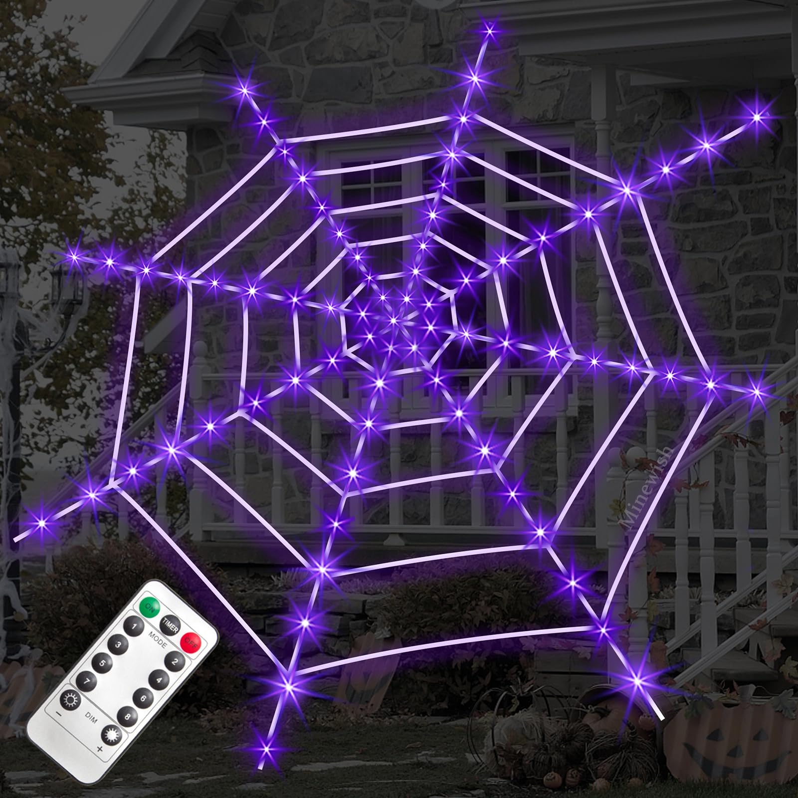 Giant Light-Up Spider Web Halloween Decoration – 135 Purple LED Lights with Large Spider & Cobweb Set