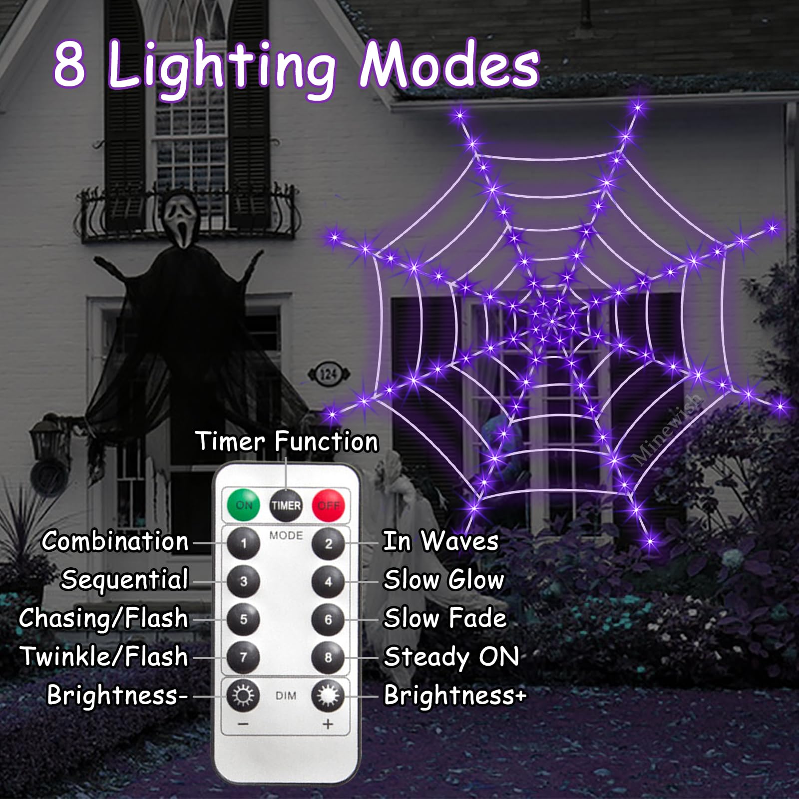 Giant Light-Up Spider Web Halloween Decoration – 135 Purple LED Lights with Large Spider & Cobweb Set
