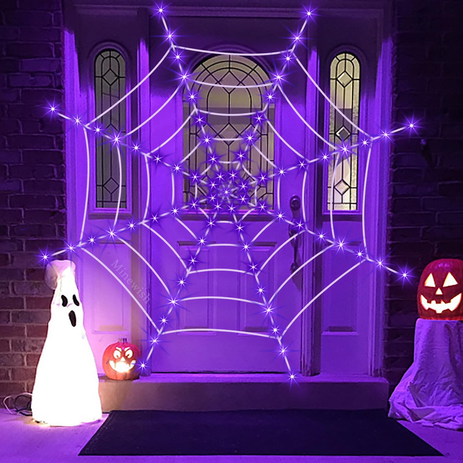 Giant Light-Up Spider Web Halloween Decoration – 135 Purple LED Lights with Large Spider & Cobweb Set
