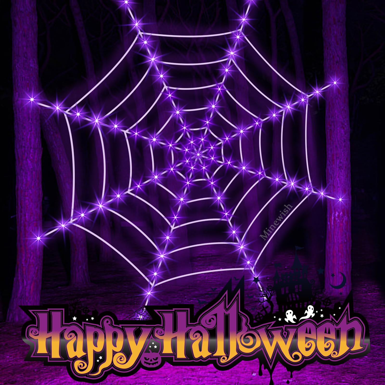 Giant Light-Up Spider Web Halloween Decoration – 135 Purple LED Lights with Large Spider & Cobweb Set