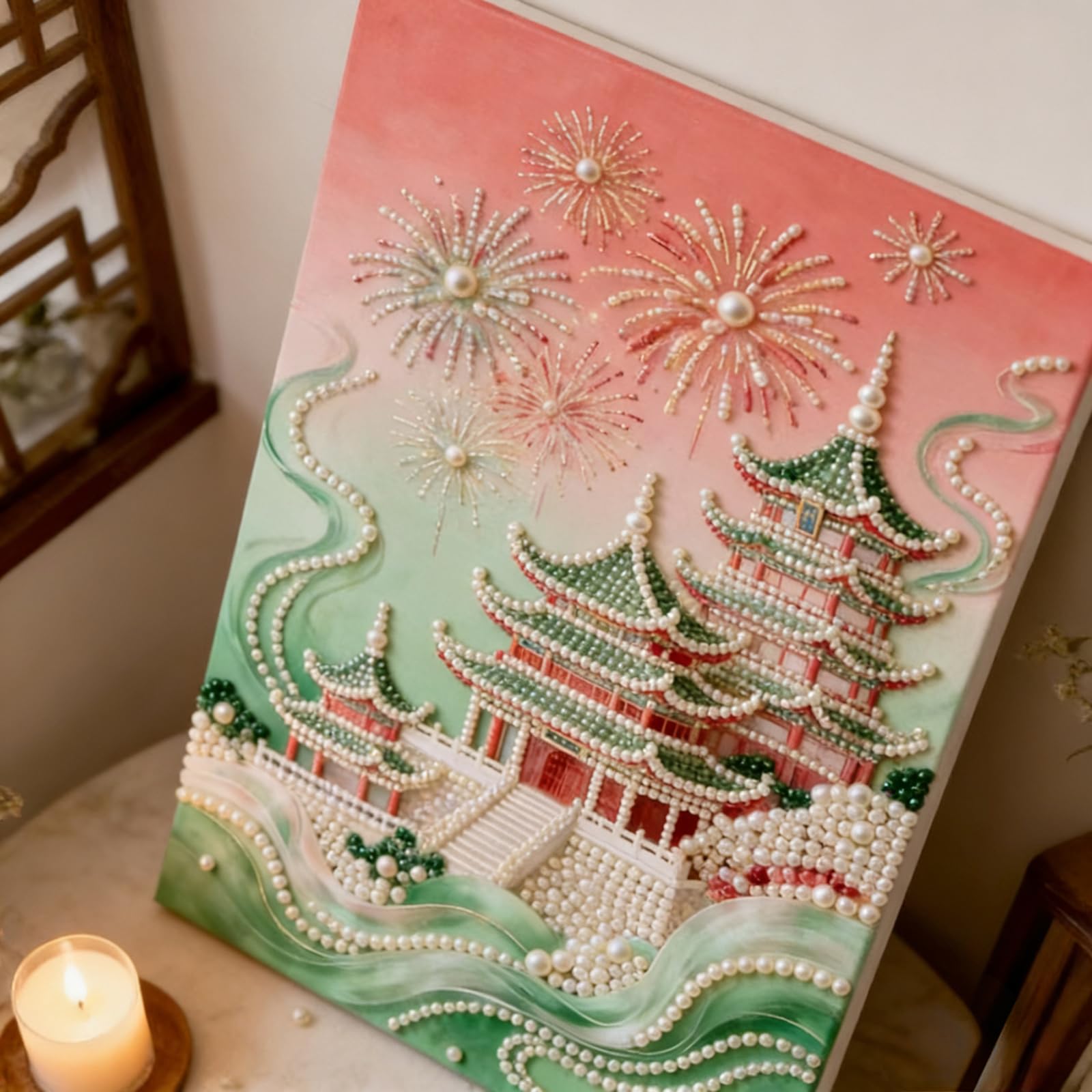3D Pearl Painting DIY Kit &ndash; Castle Fireworks Design Beaded Art Craft for Adults & Beginners Home Decor