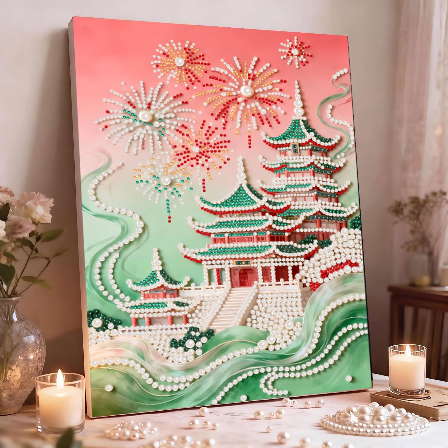 3D Pearl Painting DIY Kit &ndash; Castle Fireworks Design Beaded Art Craft for Adults & Beginners Home Decor