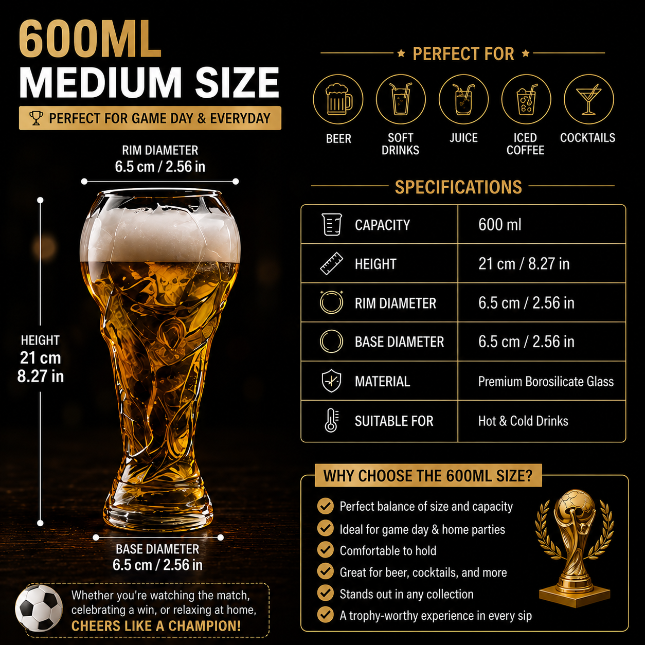 Championship Trophy Glass – Soccer Fan Drinkware for Game Day