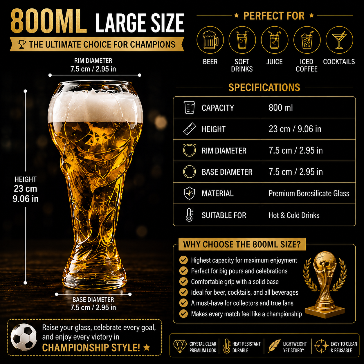 Championship Trophy Glass – Soccer Fan Drinkware for Game Day