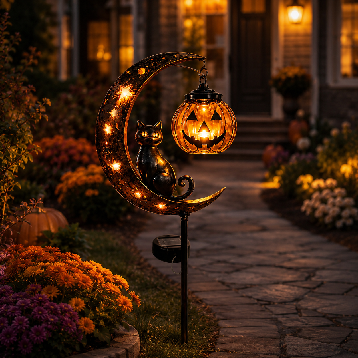 Solar Pumpkin Moon Garden Stake Light – Black Cat Halloween Outdoor Decor