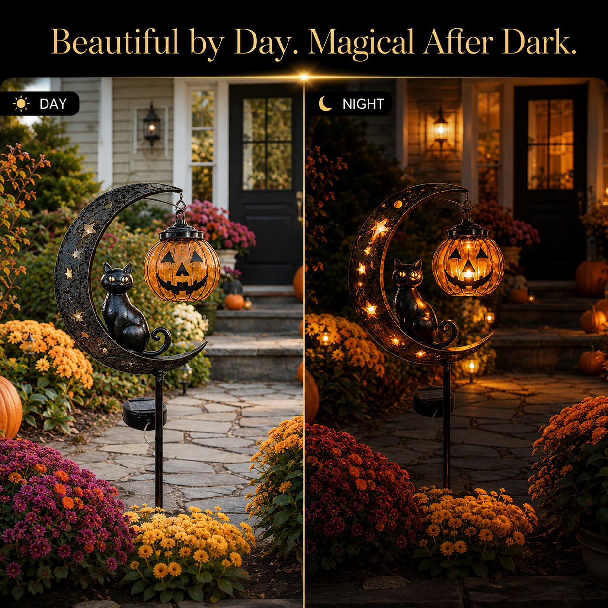 Solar Pumpkin Moon Garden Stake Light – Black Cat Halloween Outdoor Decor