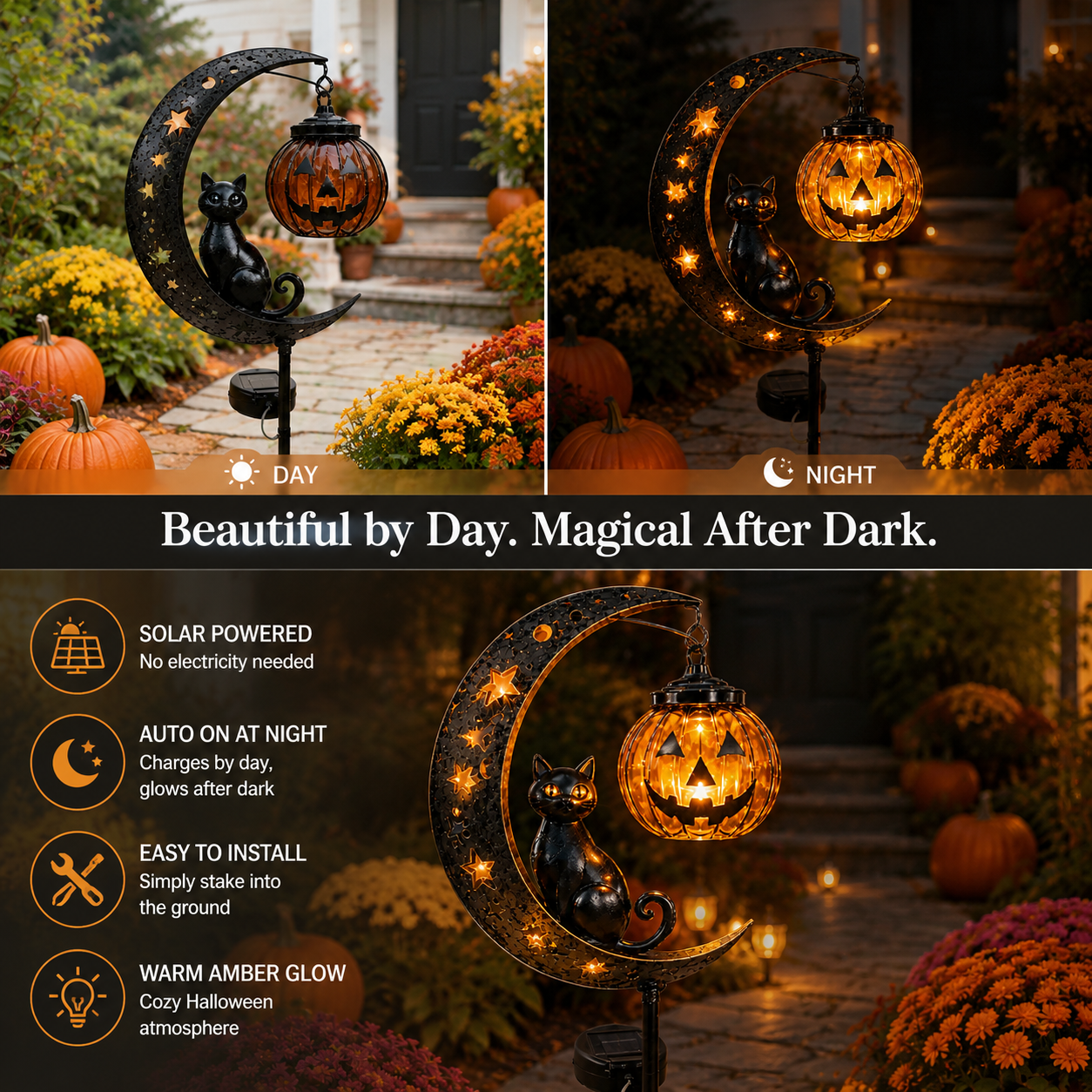 Solar Pumpkin Moon Garden Stake Light – Black Cat Halloween Outdoor Decor
