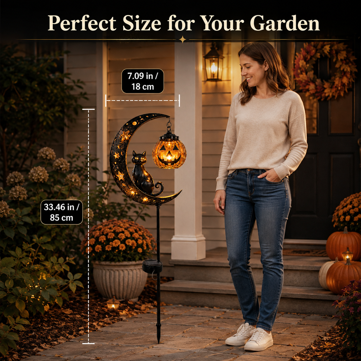 Solar Pumpkin Moon Garden Stake Light – Black Cat Halloween Outdoor Decor