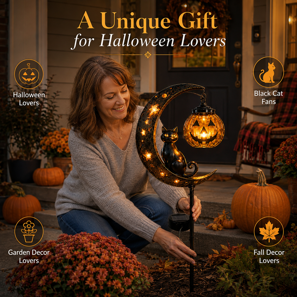 Solar Pumpkin Moon Garden Stake Light – Black Cat Halloween Outdoor Decor