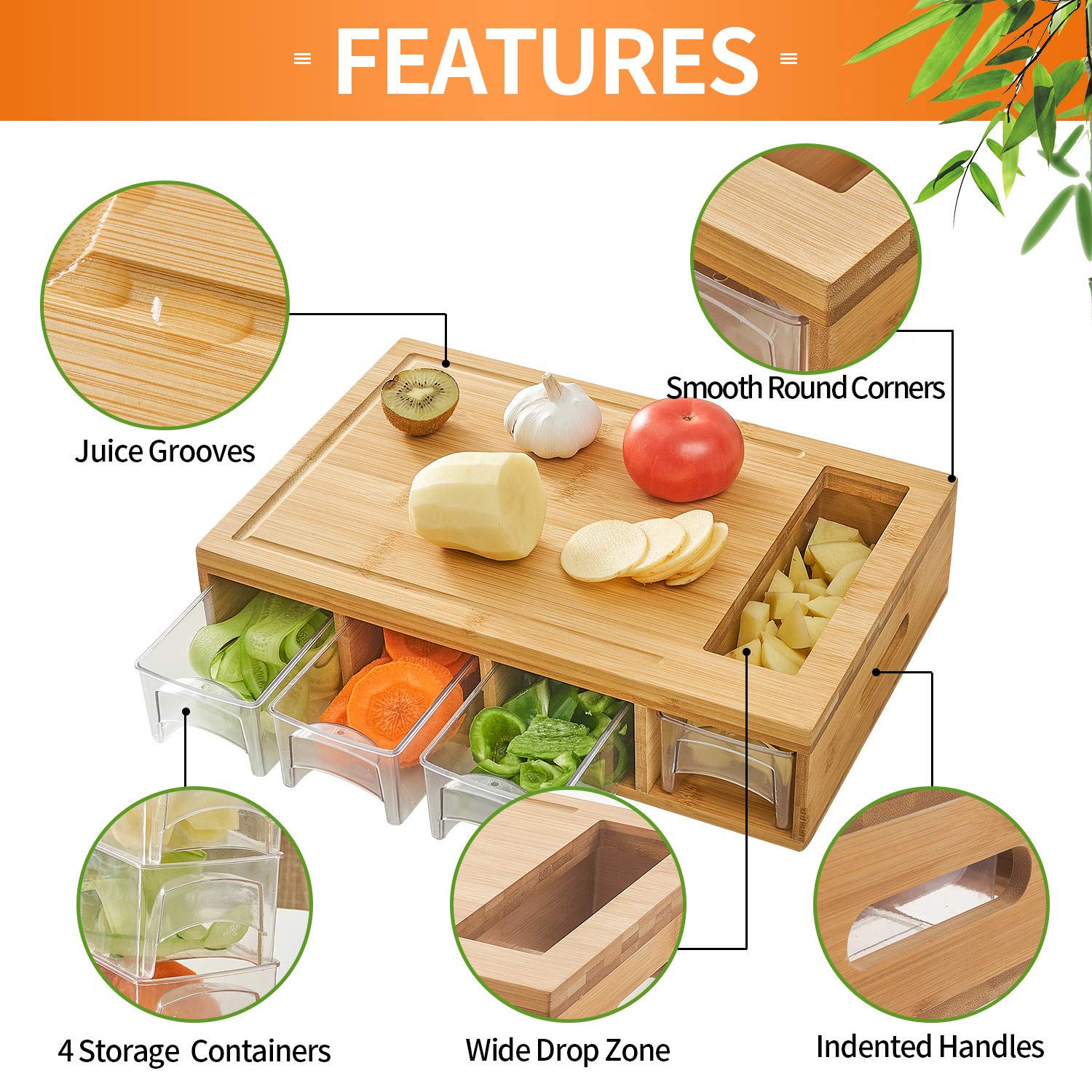 Bamboo Cutting Board with 4 Storage Trays – Large Meal Prep Chopping Board