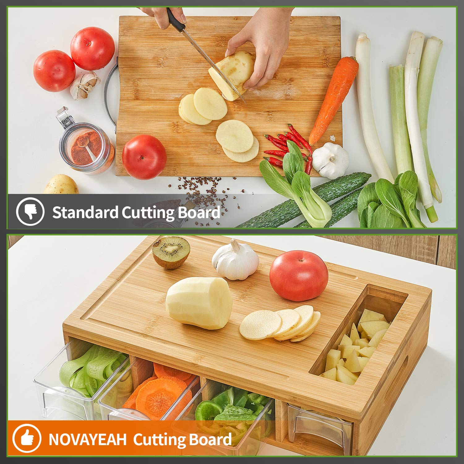 Bamboo Cutting Board with 4 Storage Trays – Large Meal Prep Chopping Board