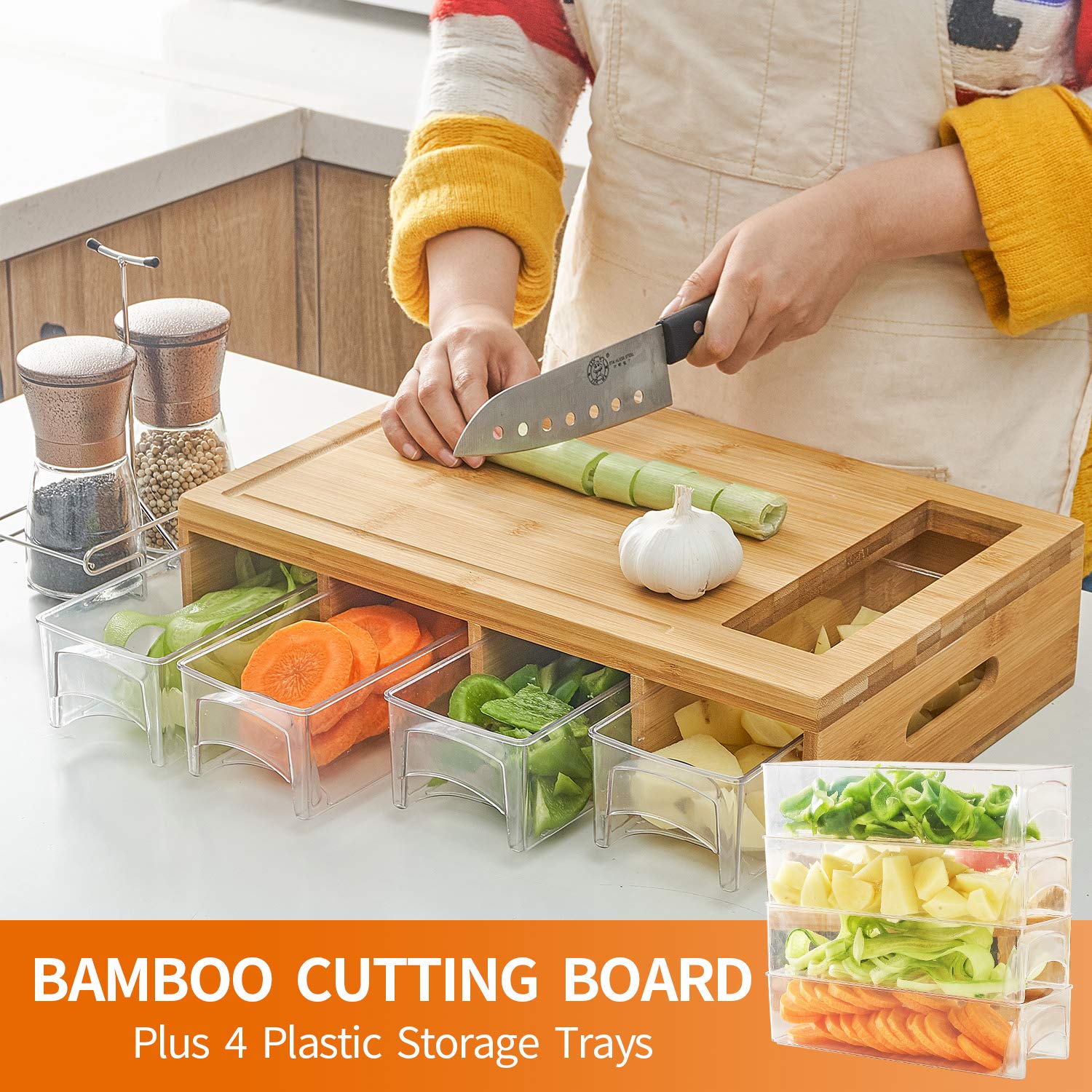 Bamboo Cutting Board with 4 Storage Trays – Large Meal Prep Chopping Board