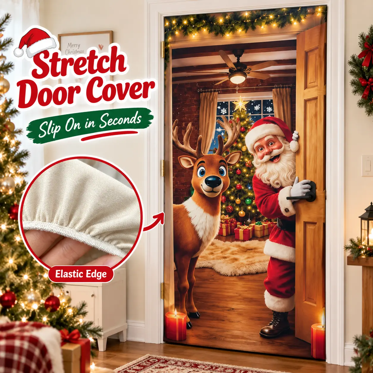 Stretch Christmas door cover with elastic edge
