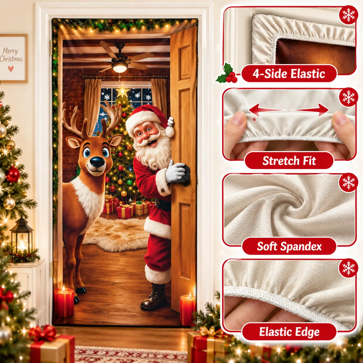 Four-side elastic stretch fabric Christmas door cover details