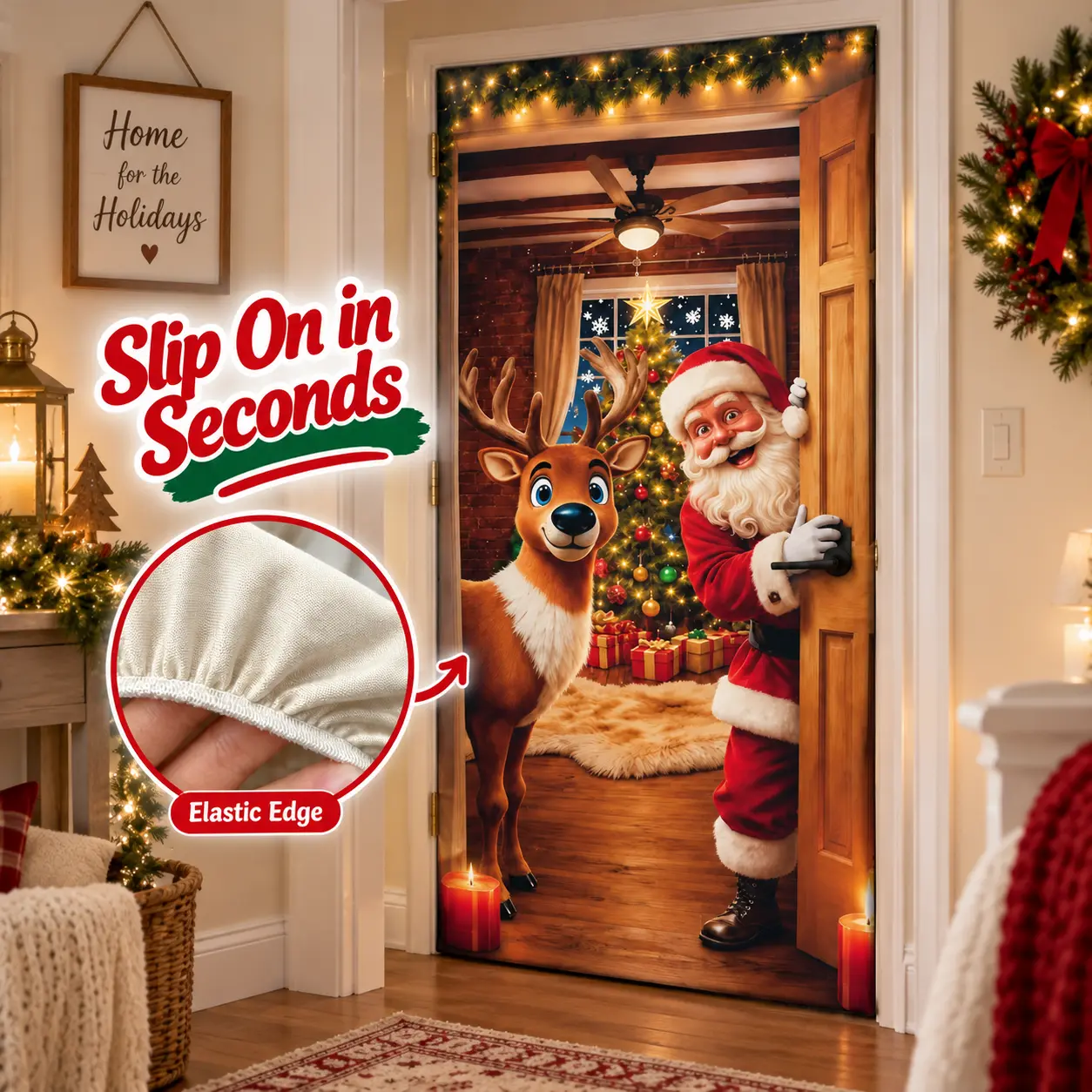 Santa and reindeer Christmas stretch door cover