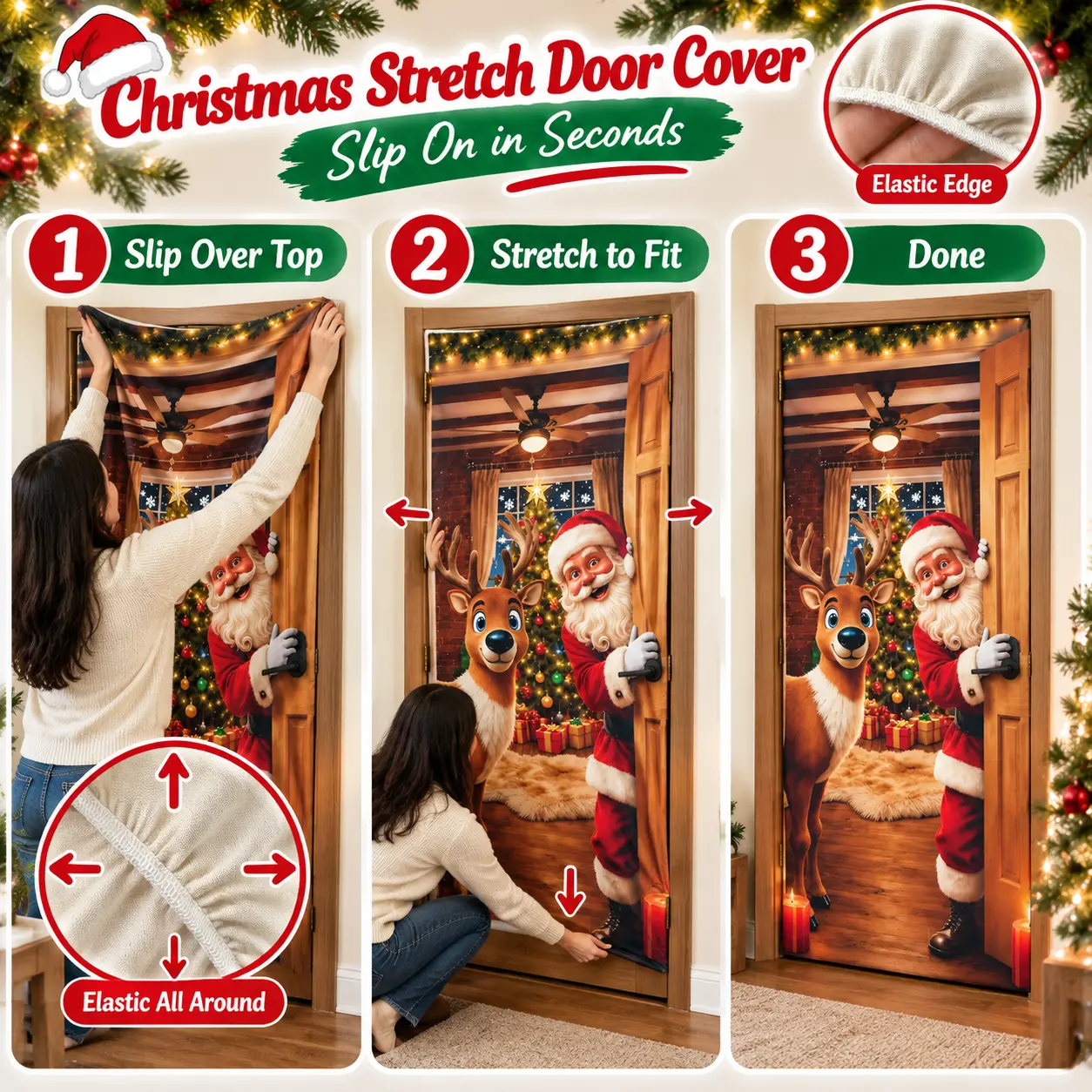 Three-step installation guide for Christmas stretch door cover