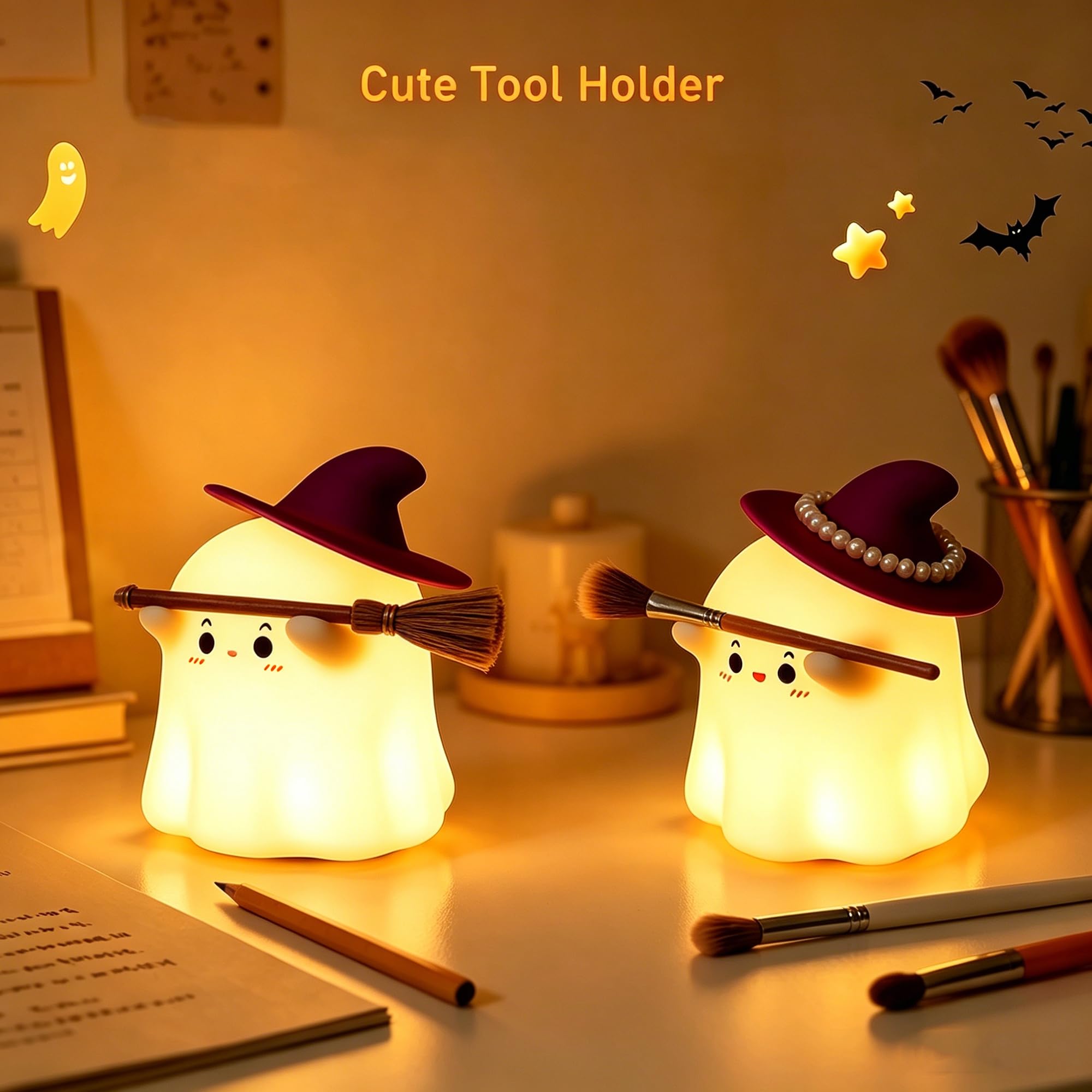 Cute Ghost Night Light &ndash; Rechargeable Dimmable Halloween Silicone Lamp with Tap Control for Bedroom & Nursery Decor