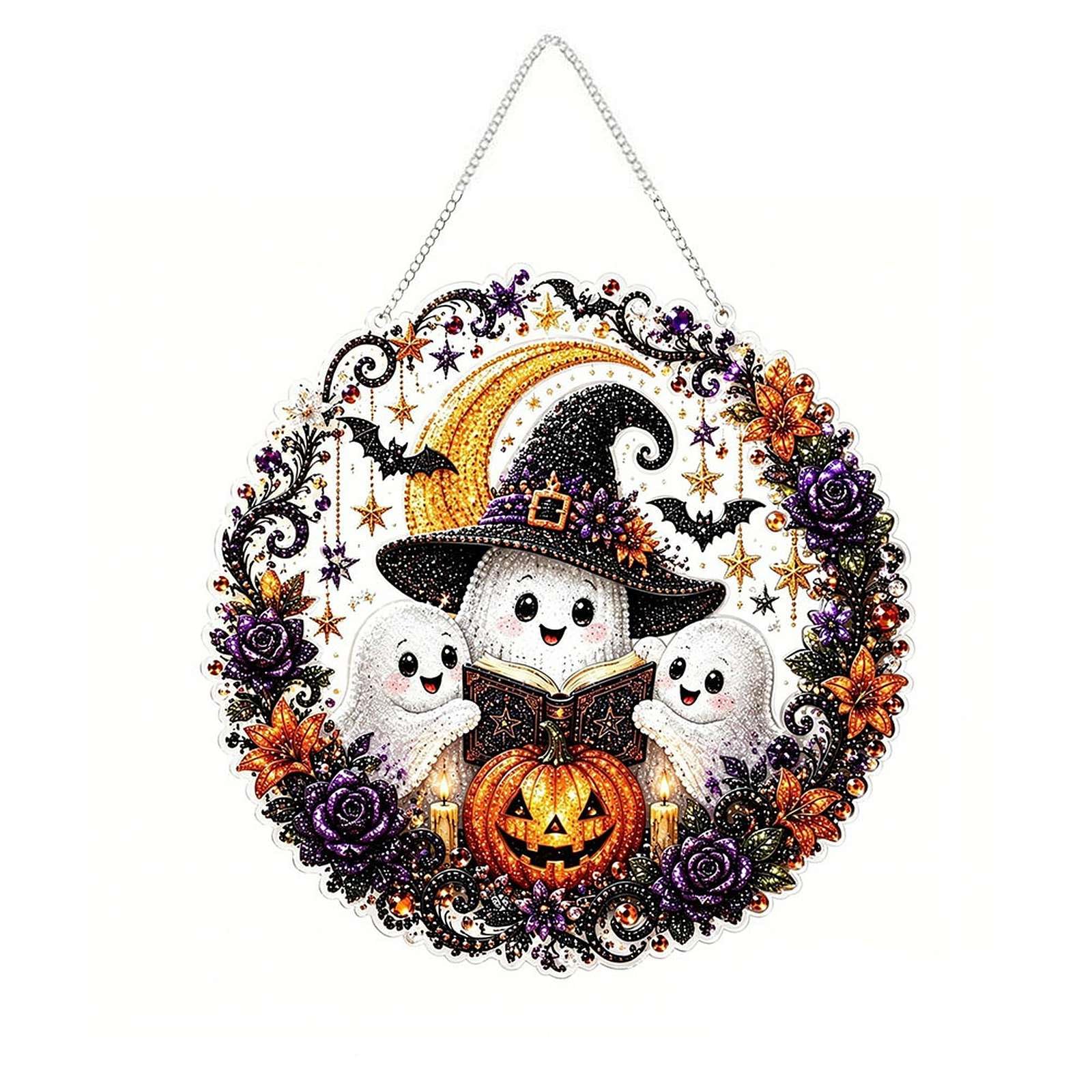 Halloween Witch Moon Diamond Art Hanging Ornament Kit &ndash; DIY Acrylic Gem Painting Pendant for Fall Home Decor & Spooky Season Crafts
