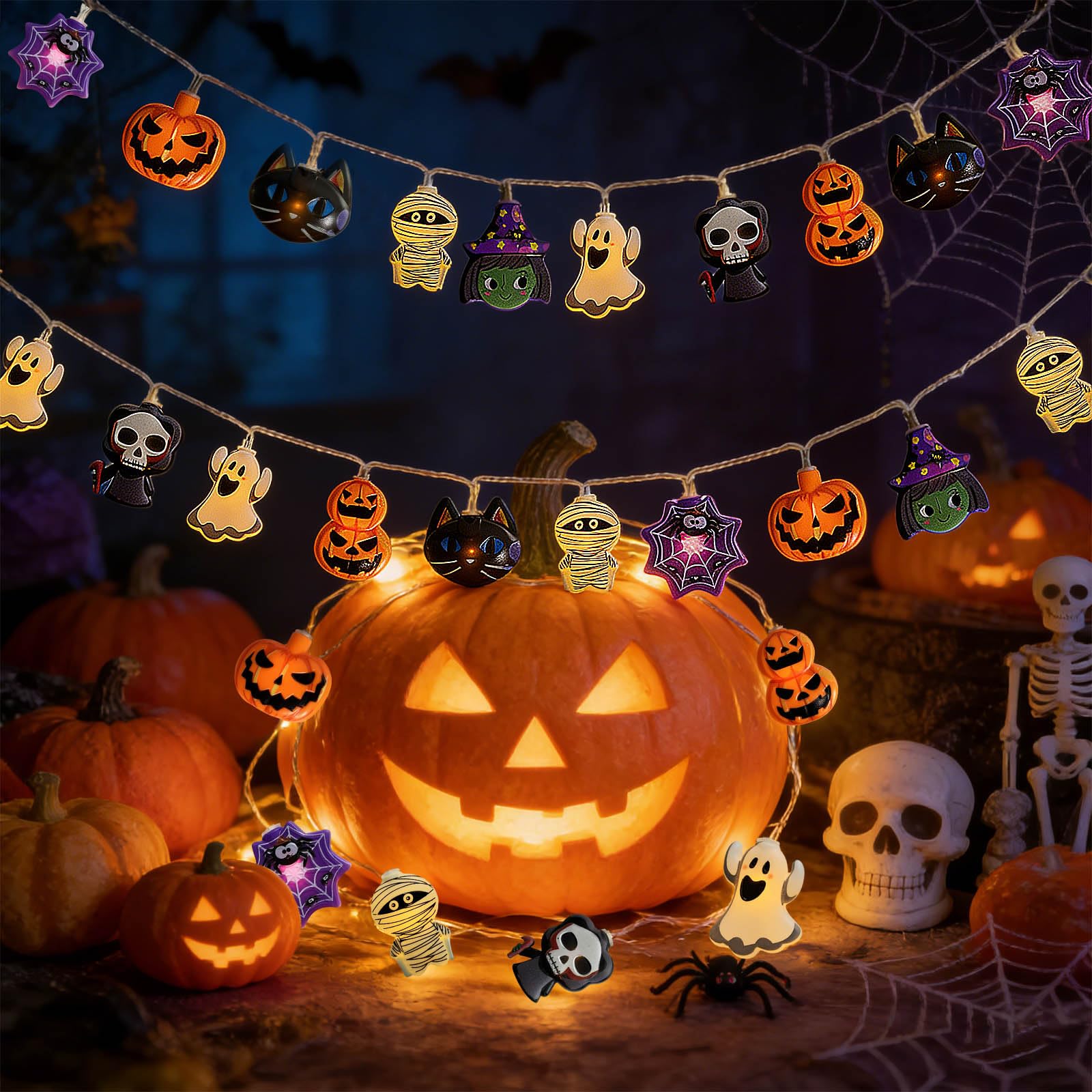 Halloween Skull String Lights – 20 LED Fairy Lights with 8 Flashing Modes