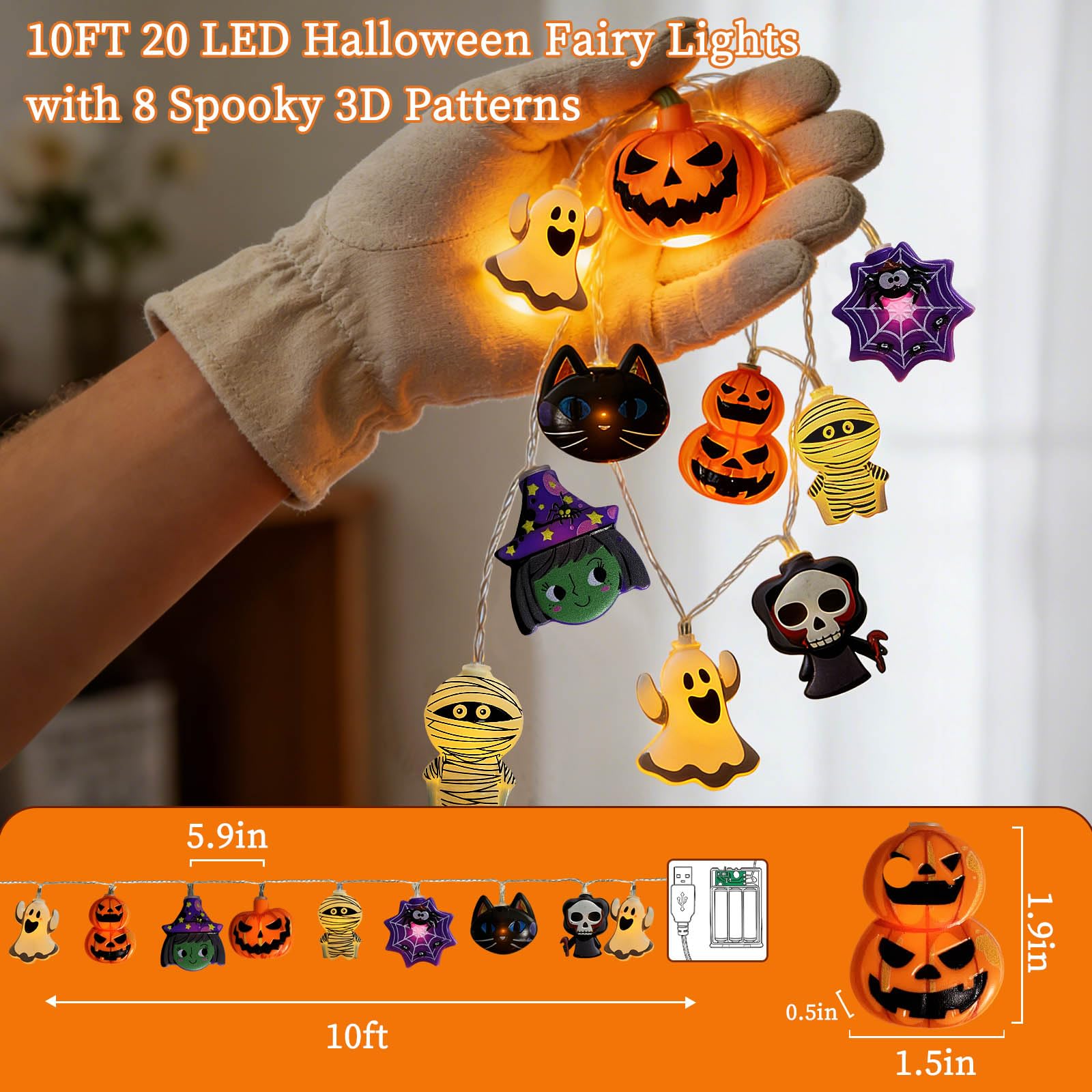 Halloween Skull String Lights – 20 LED Fairy Lights with 8 Flashing Modes