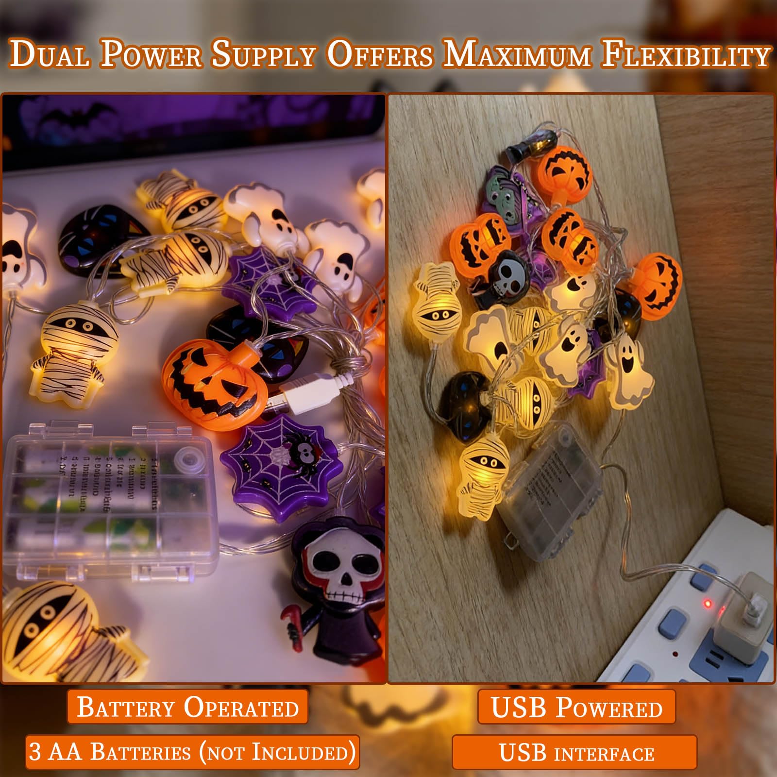 Halloween Skull String Lights – 20 LED Fairy Lights with 8 Flashing Modes