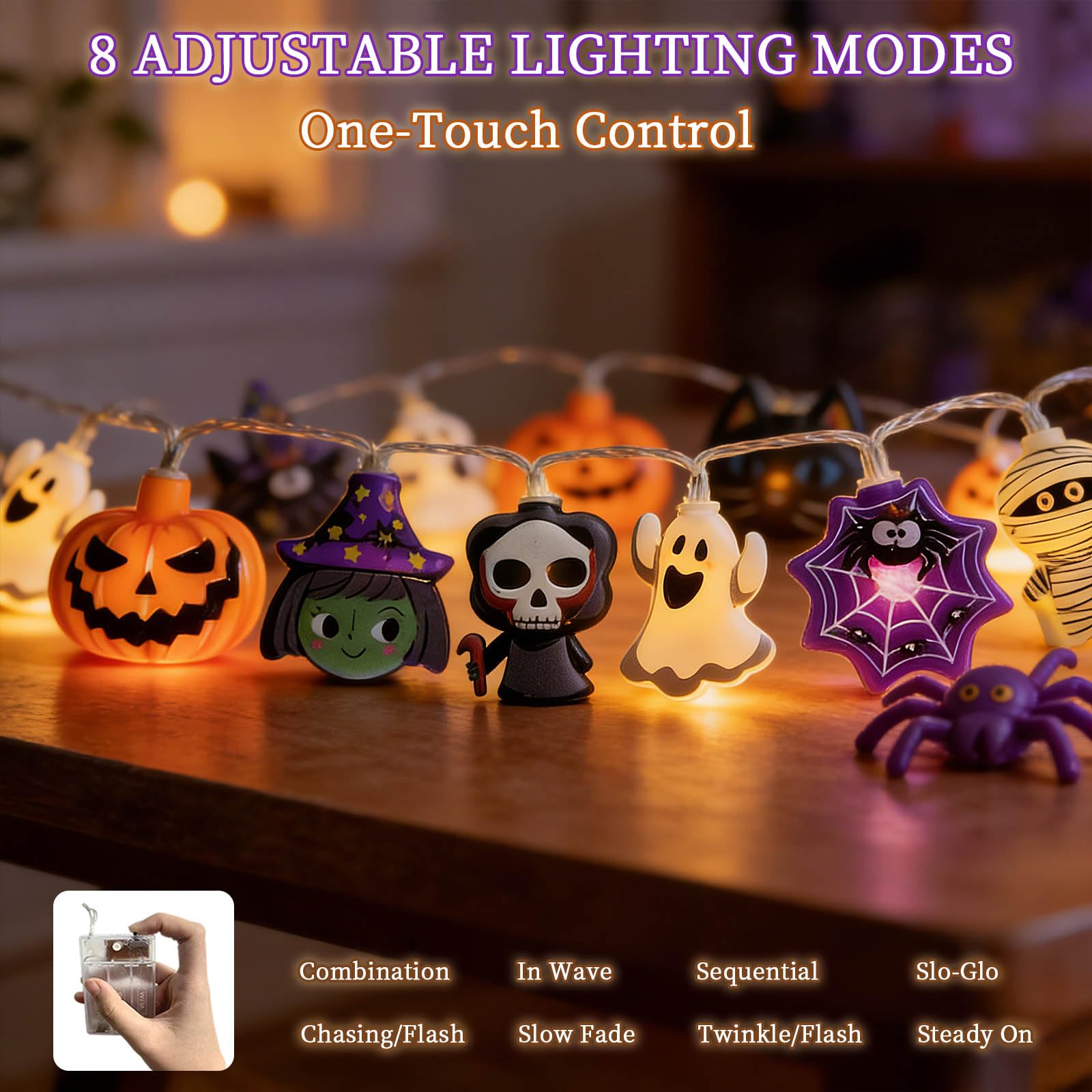 Halloween Skull String Lights – 20 LED Fairy Lights with 8 Flashing Modes