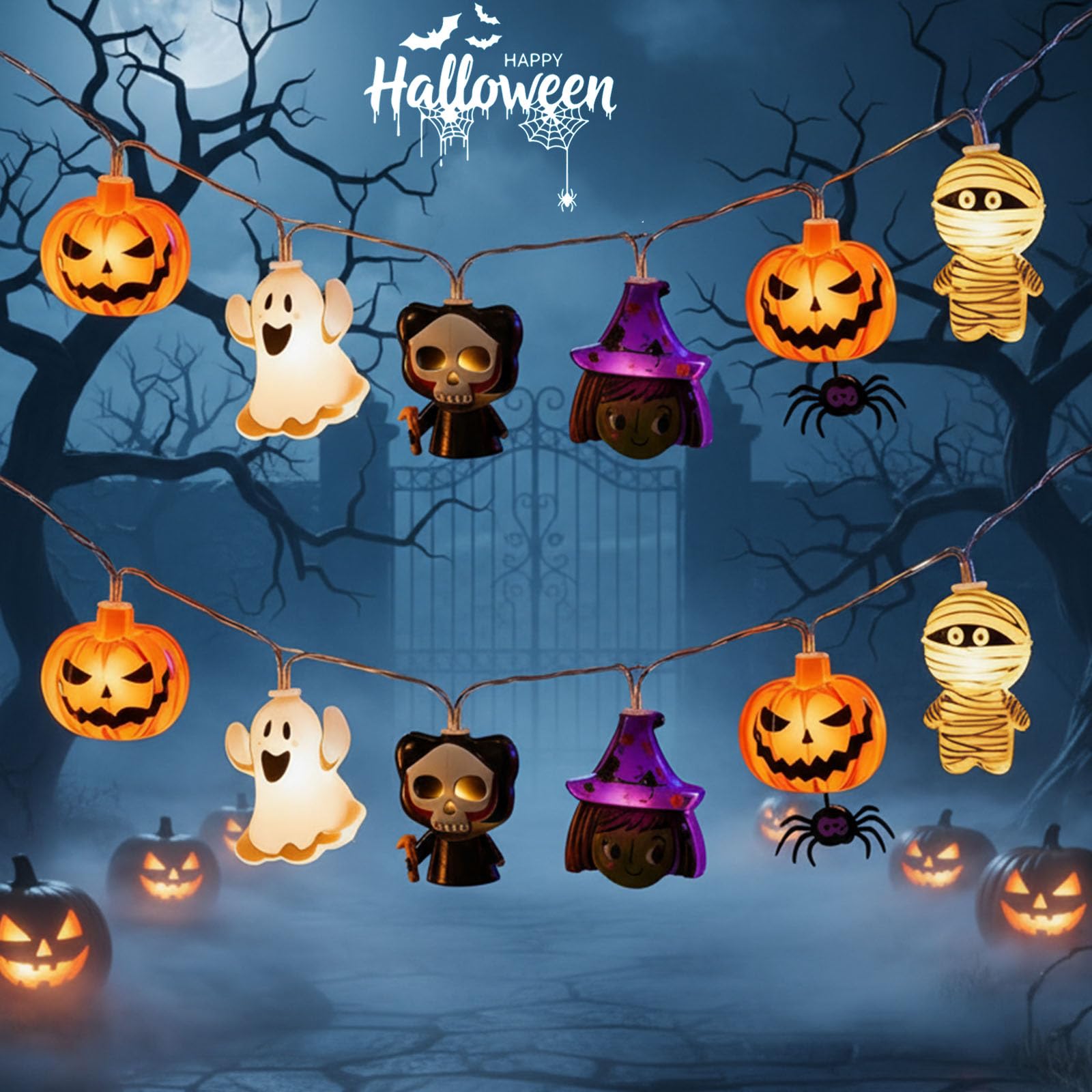 Halloween Skull String Lights – 20 LED Fairy Lights with 8 Flashing Modes