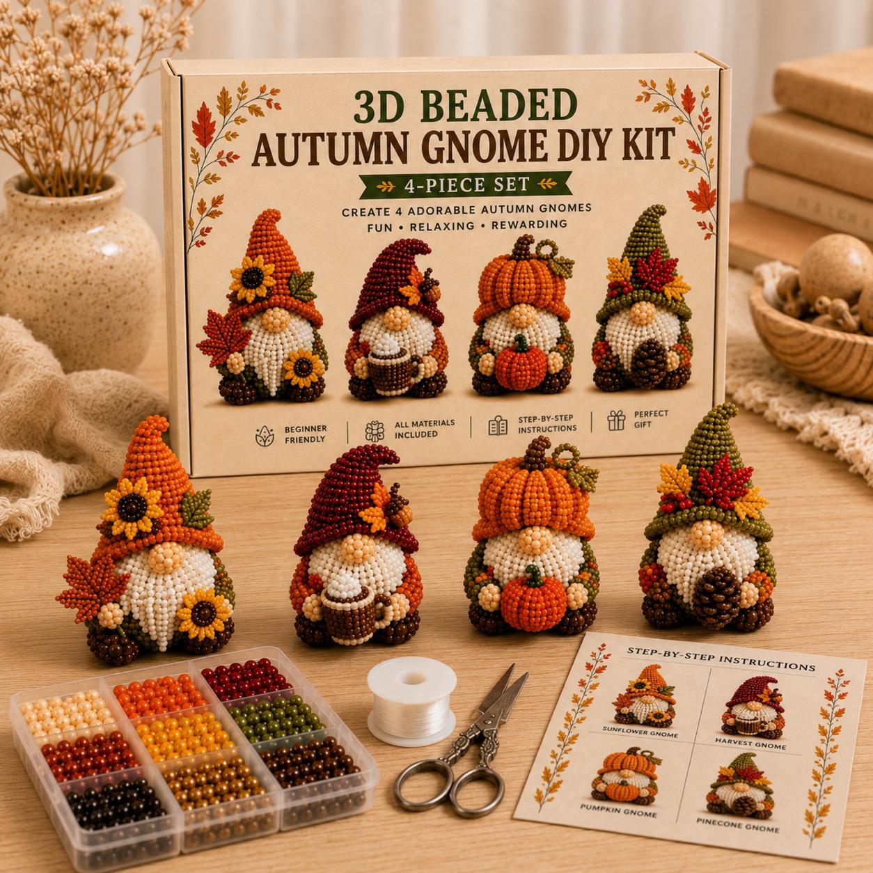 3D Beaded Gnome DIY Kit – 4-Piece Cute Handmade Craft Set for Beginners & Home Decor