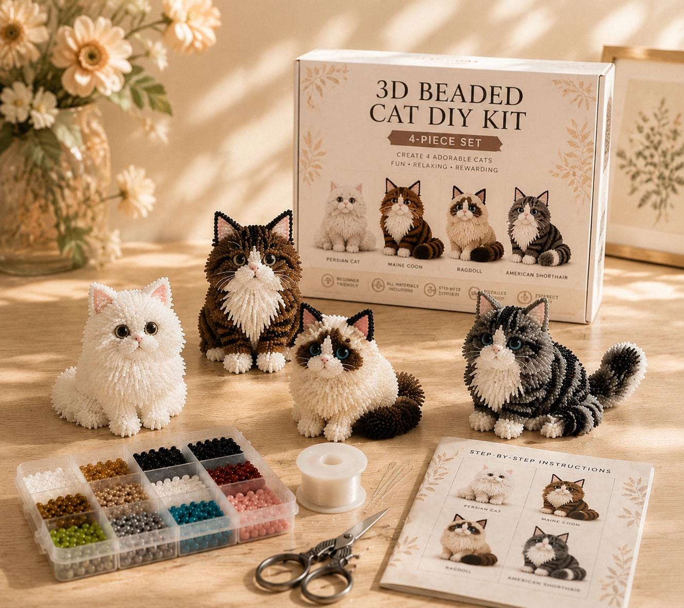 3D Beaded Cat DIY Kit &ndash; Cute Long Hair Cat Handmade Craft Set for Adults & Teens Home Decor