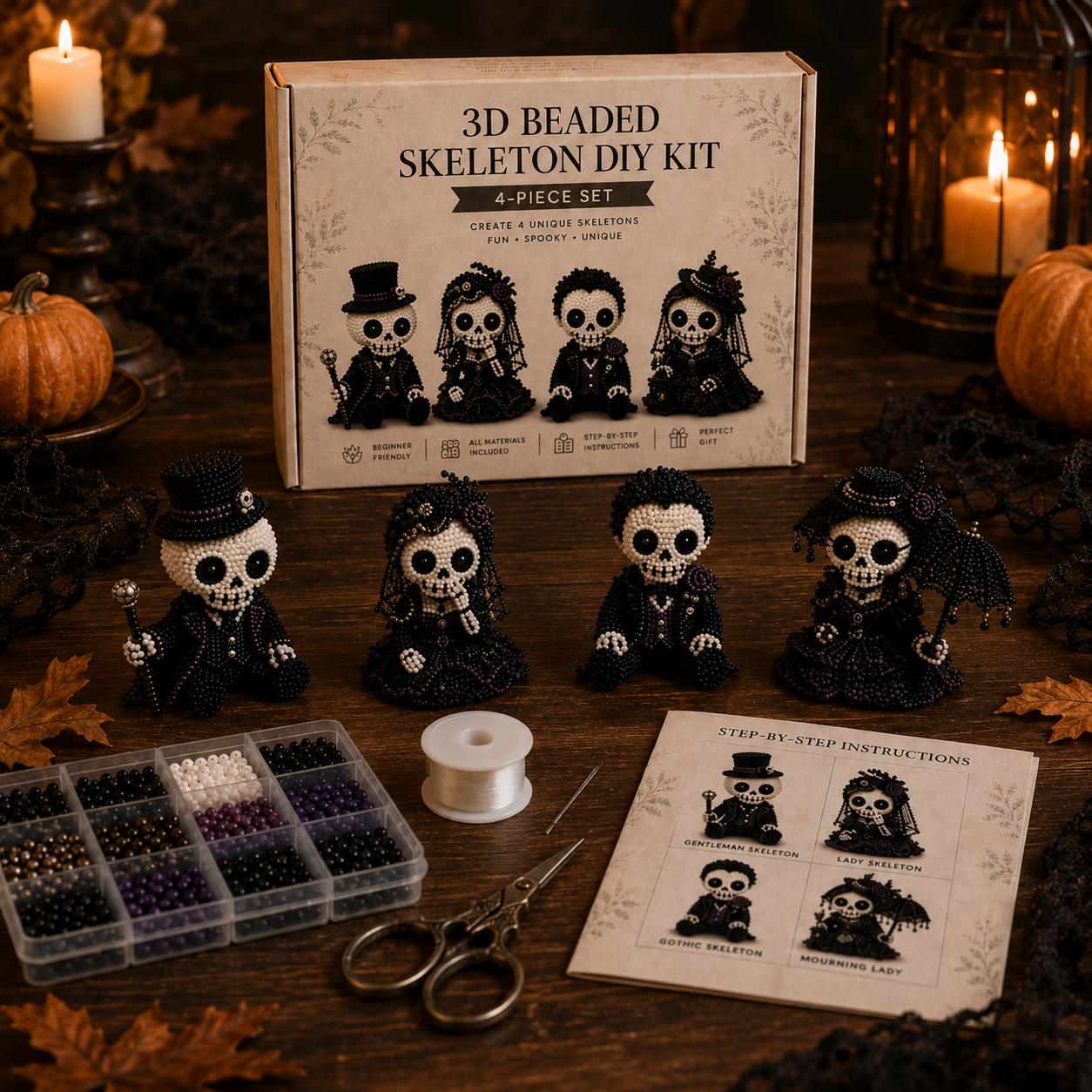 3D Beaded Skeleton DIY Kit &ndash; Halloween Craft Set with 4-Piece Spooky Figurines for Adults & Beginners
