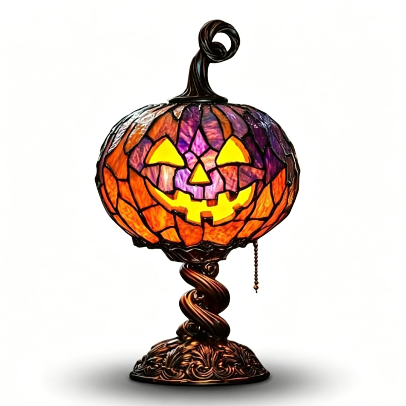 Stained Glass Pumpkin Table Lamp &ndash; Vintage Halloween Jack-O&rsquo;-Lantern Night Light USB Powered Desk Decor