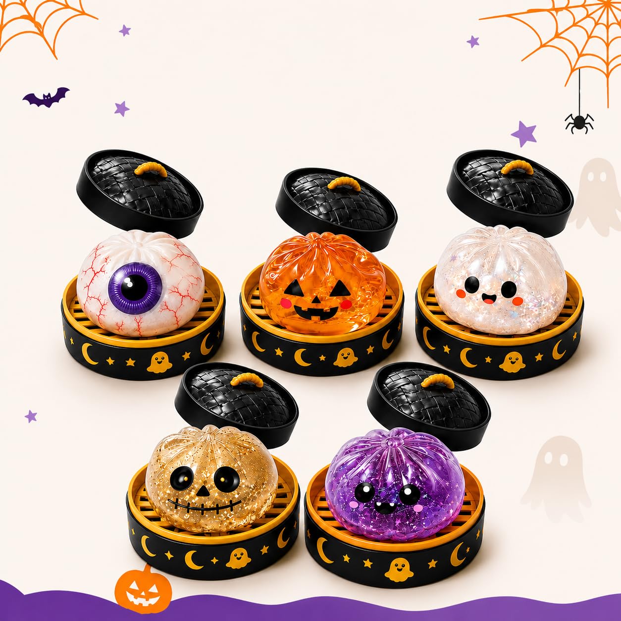 5-Pack Halloween Dumpling Squishy Set – Cute Ghost Bao Stress Relief Fidget Toys with Steamer