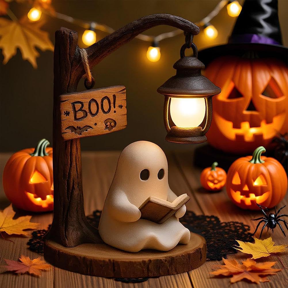 Cute Ghost Reading Lantern– 3D Resin Halloween Night Light with Cozy LED Glow for Desk & Home Décor