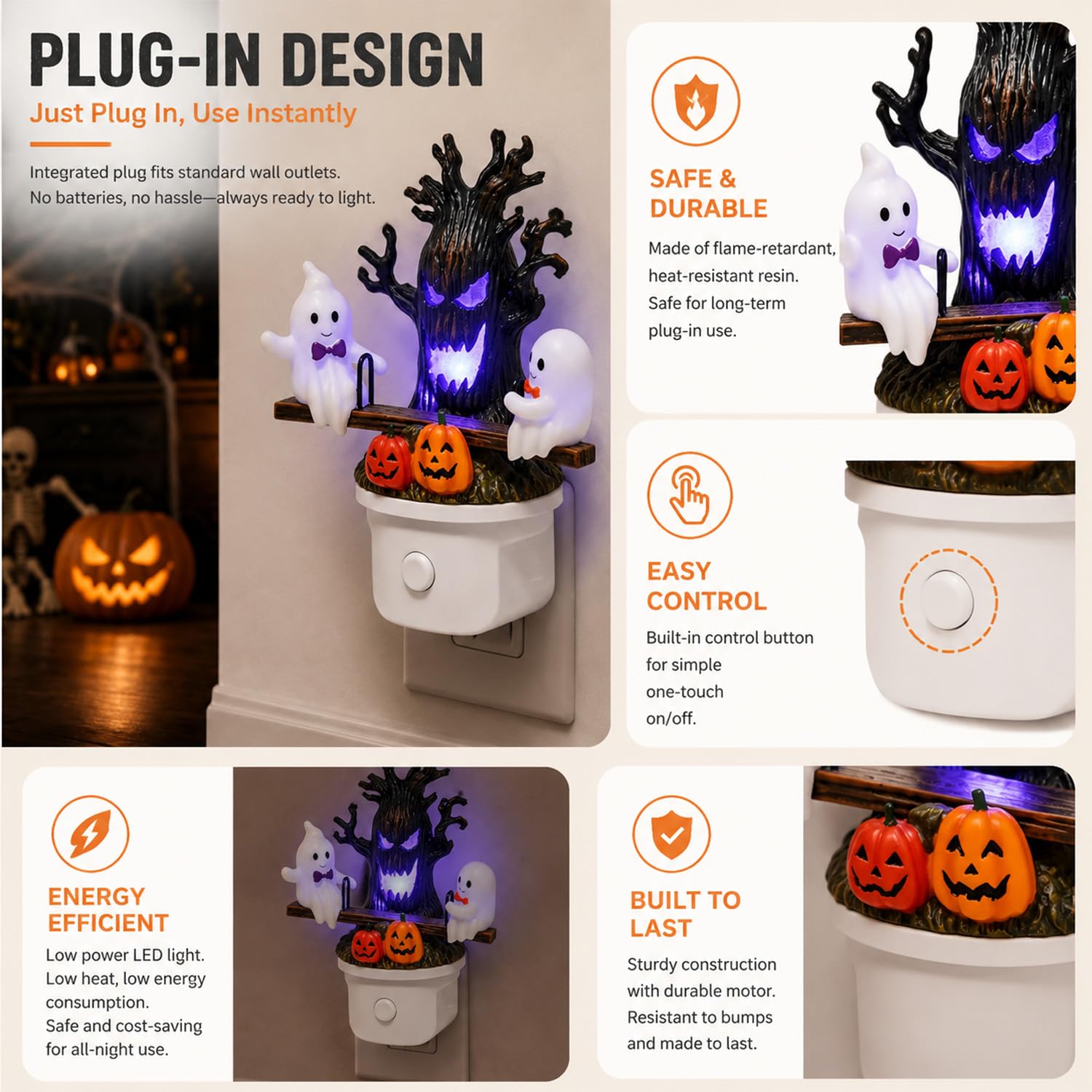 Animated Ghost Seesaw Halloween Night Light &ndash; Plug-In LED Wall Decor with Haunted Tree & Pumpkin Design