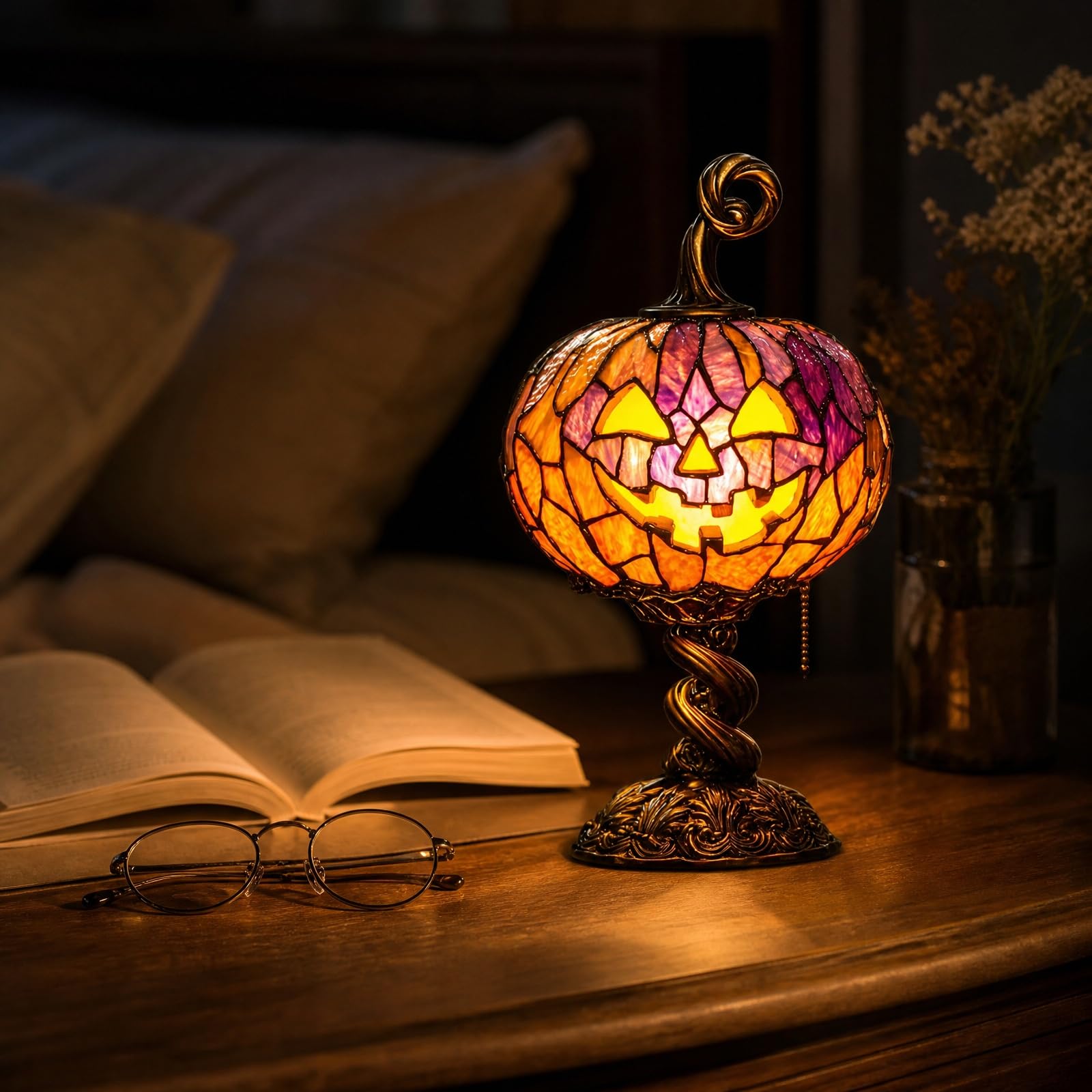 Stained Glass Pumpkin Table Lamp &ndash; Vintage Halloween Jack-O&rsquo;-Lantern Night Light USB Powered Desk Decor