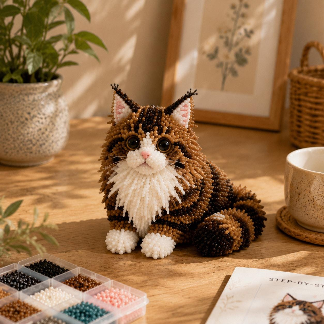 3D Beaded Cat DIY Kit &ndash; Cute Long Hair Cat Handmade Craft Set for Adults & Teens Home Decor