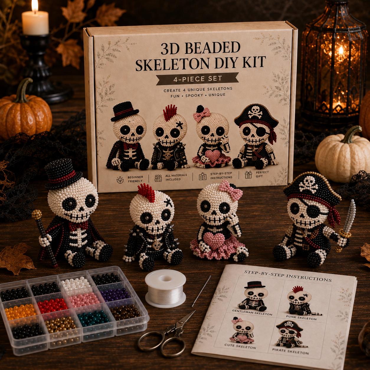 3D Beaded Skeleton DIY Kit &ndash; Halloween Craft Set with 4-Piece Spooky Figurines for Adults & Beginners